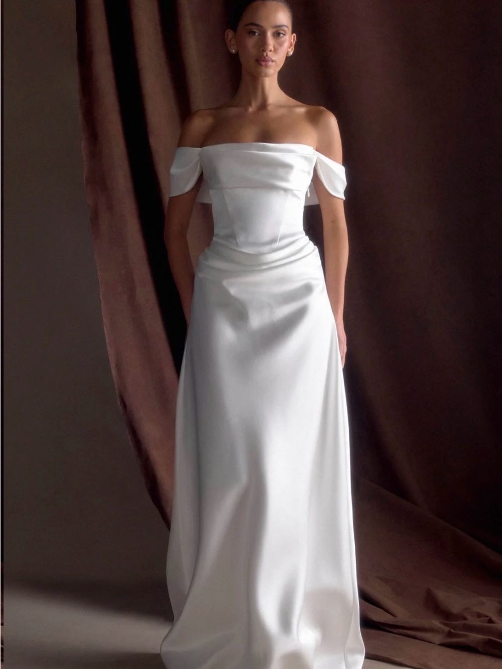 Meshki Off-Shoulder Luna Satin Strapless Gown in White